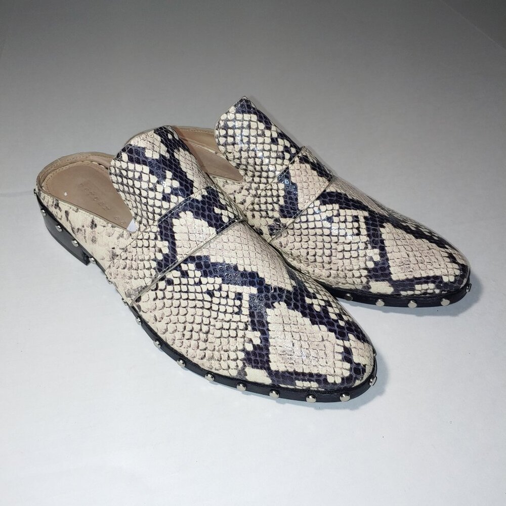 -Mercer Edit Pointe Snake Print studed Mules Size 9 Cream Black
